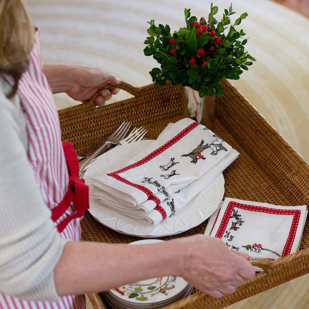 Embroidered Hunt Red Ribbon Napkins & Cocktail Napkins on wicker serving tray
