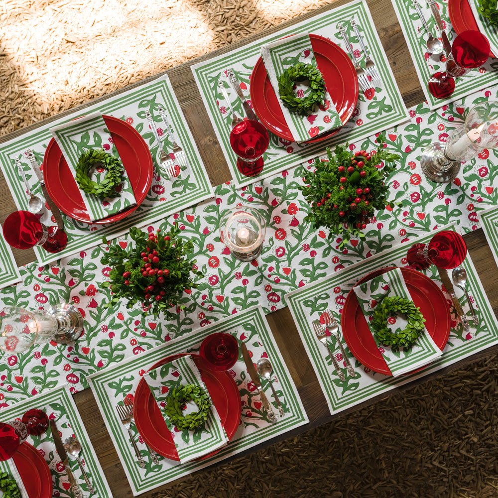 Emma Red & Green Floral table runner with matching placemats and napkins