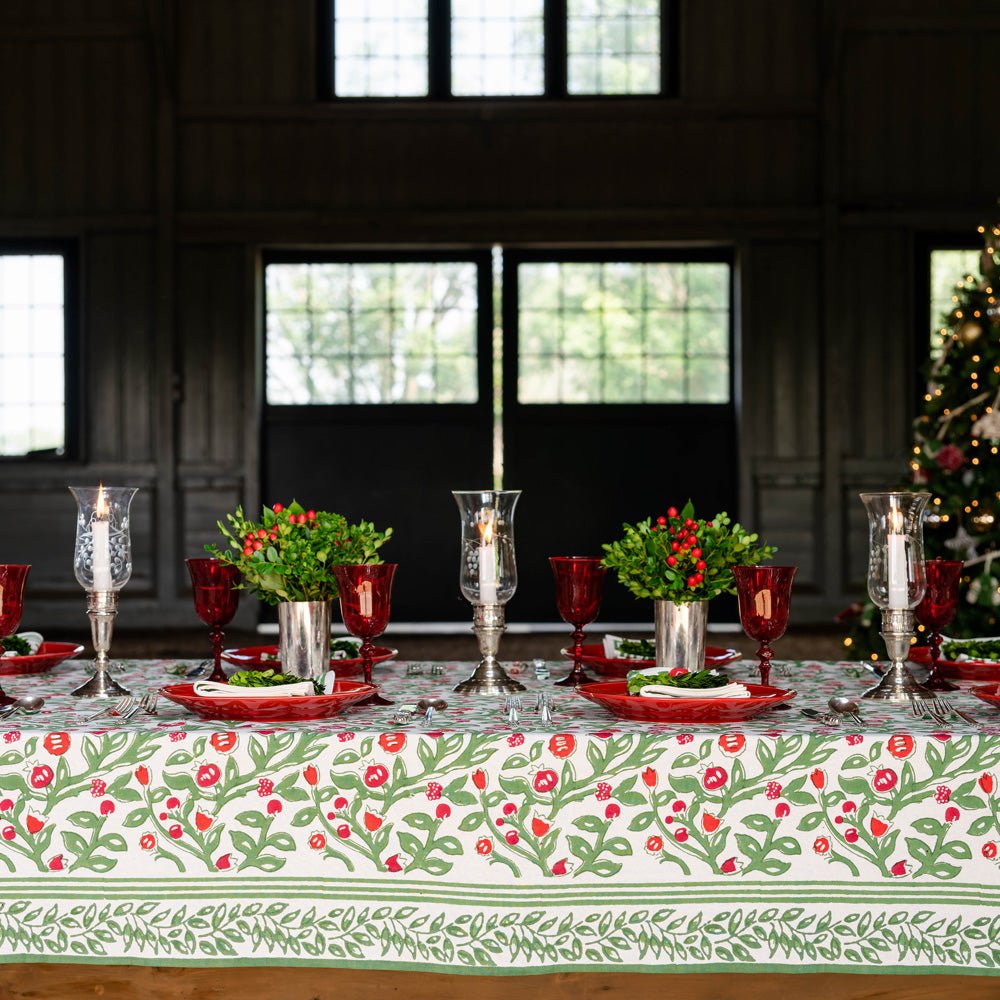 table with emma red & green tablecloth
