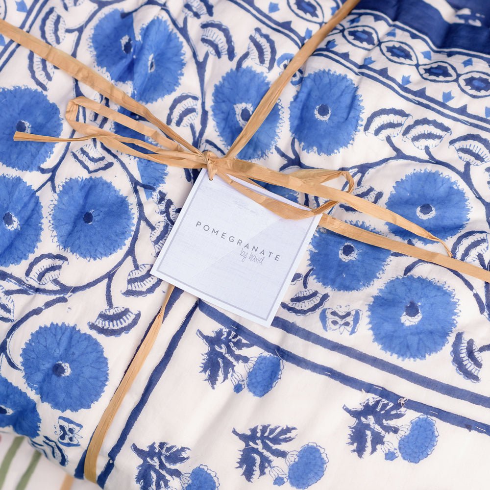 Gaya Cobalt Blue &amp; White floral hand block printed quilt