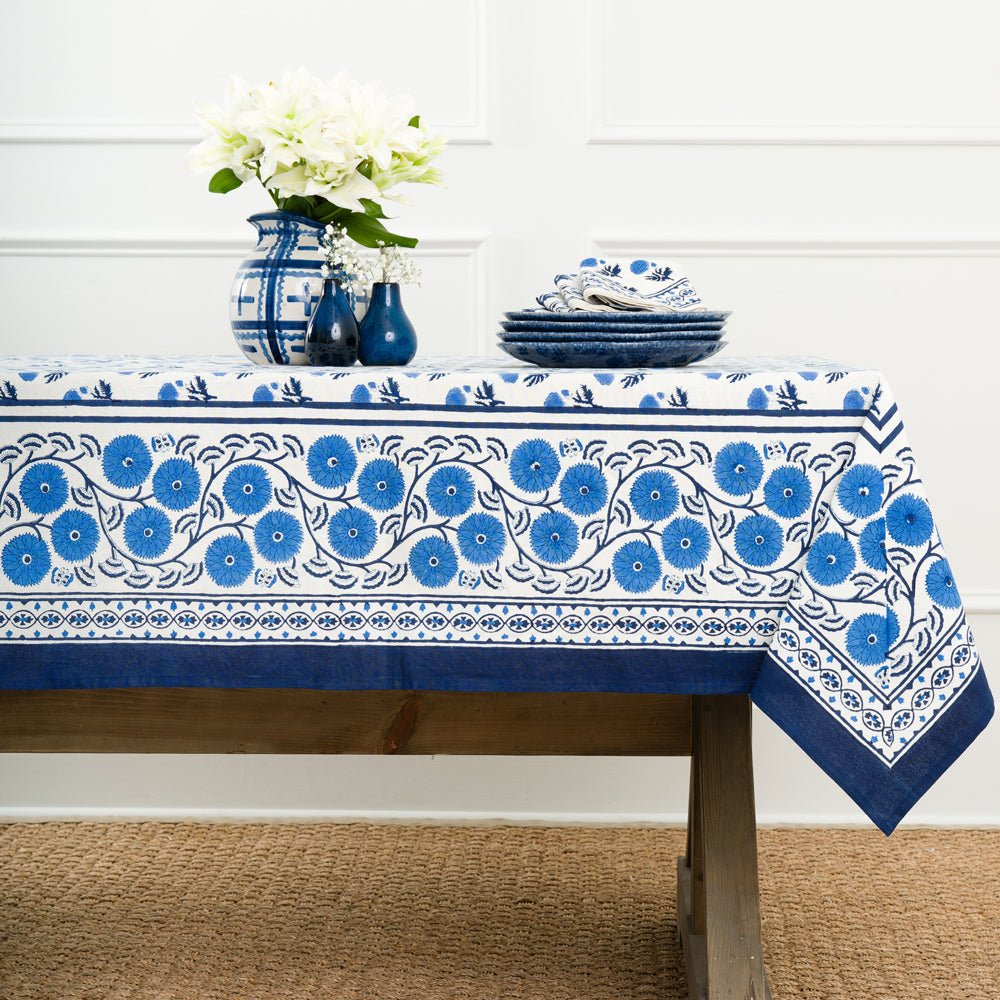 Gaya Cobalt Blue &amp; White Floral Tablecloth
