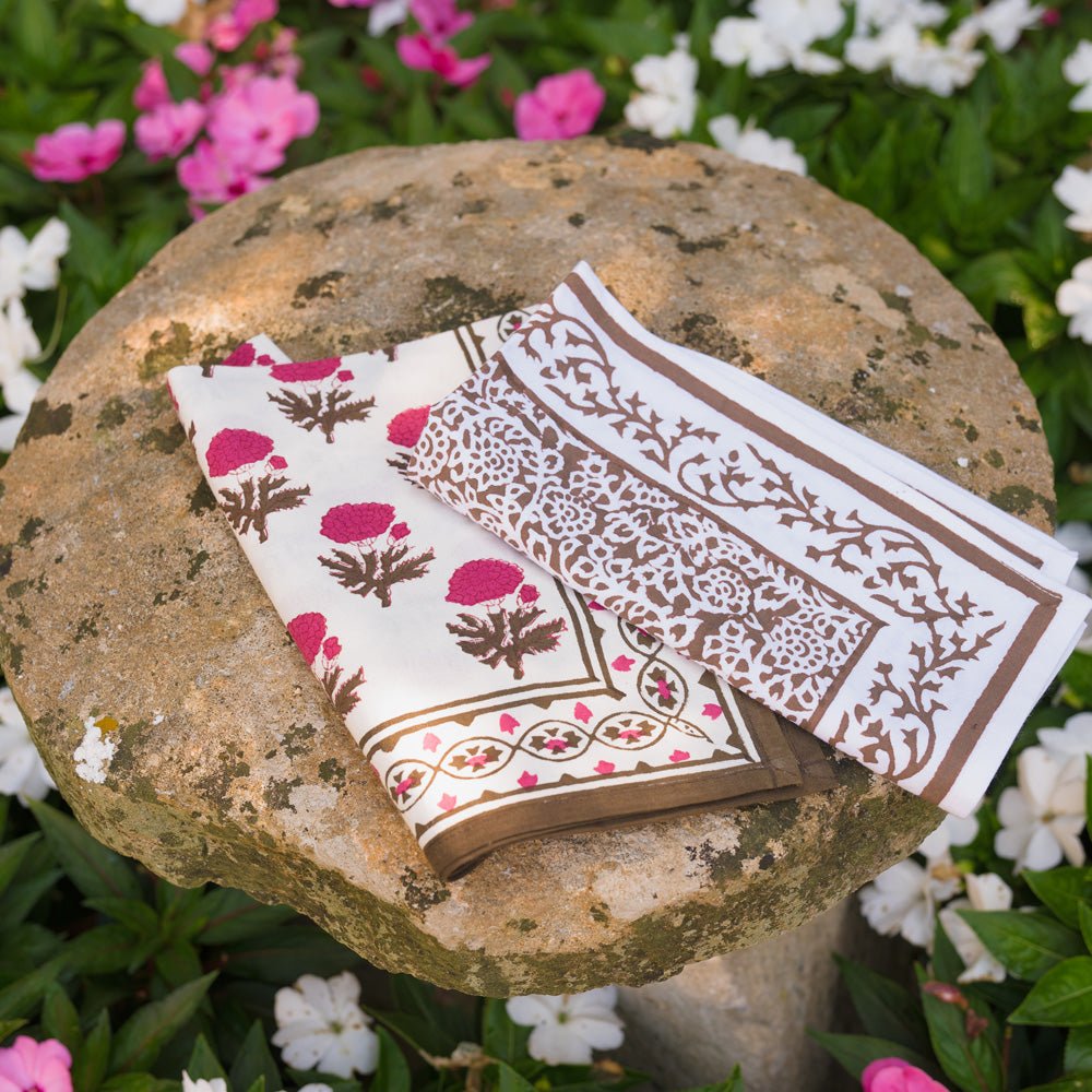 tapestry dark chocolate brown and gaya fuchsia pink floral napkins