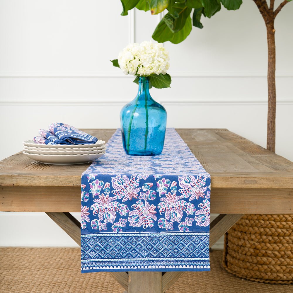 Grecian Palm Blue and Orchid, Purple, Pink Table Runner