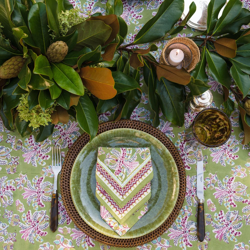 Grecian Palm Fern Green &amp; Magenta Pink Napkin on green plate