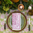 Tapestry eggplant purple & white napkins on. green plate 