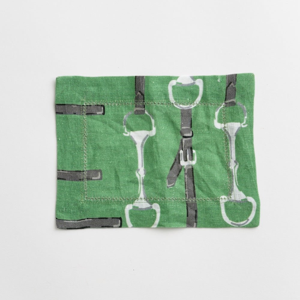 Green linen snaffle &amp; buckle equestrian cocktail napkins