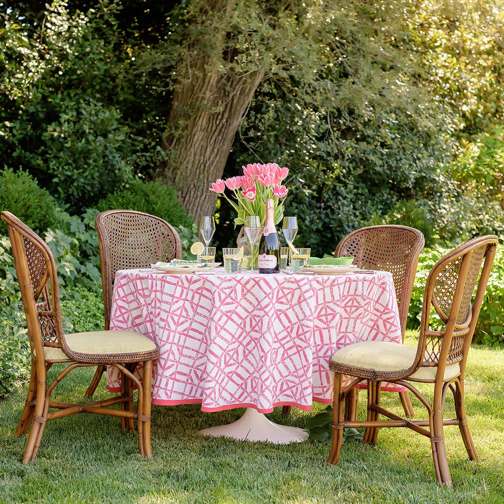 Pink and white eclectic bamboo print tablecloth. 