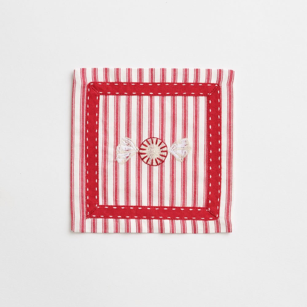 Embroidered Peppermint red & white striped cocktail napkins