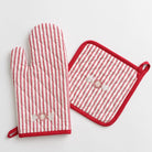 Embroidered peppermint red & white stripe oven mitt and pot holder set