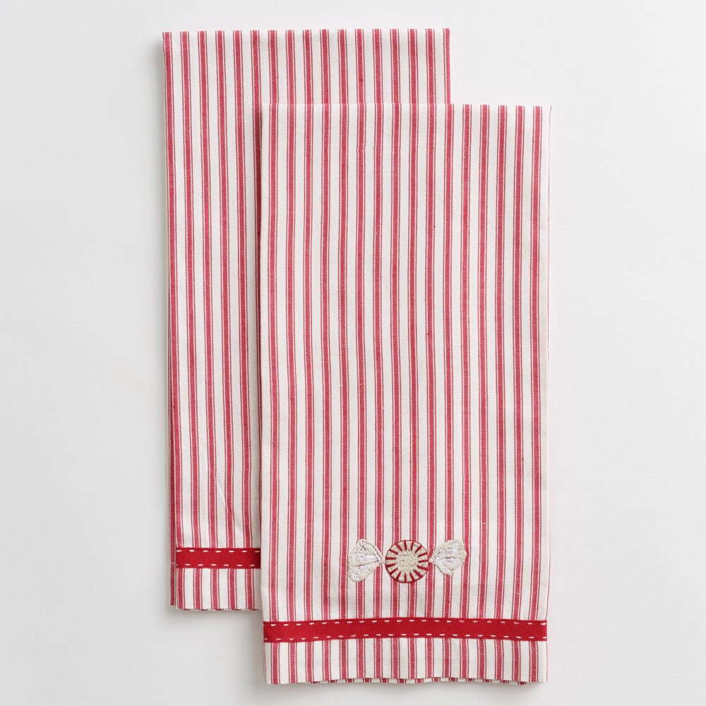 Embroidered Peppermint red &amp; white stripe tea towels