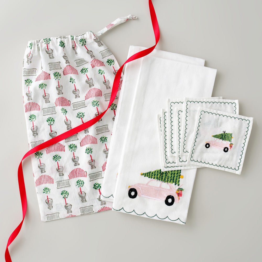 Embroidered Holiday Tea Towels + Cocktail Napkin Gift Sack