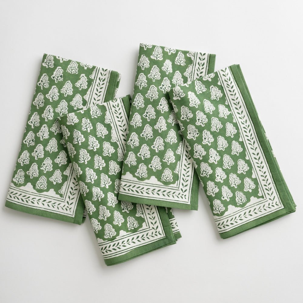 Block Print Leaves Cotton Dinner Napkins in Coral & Fuchsia