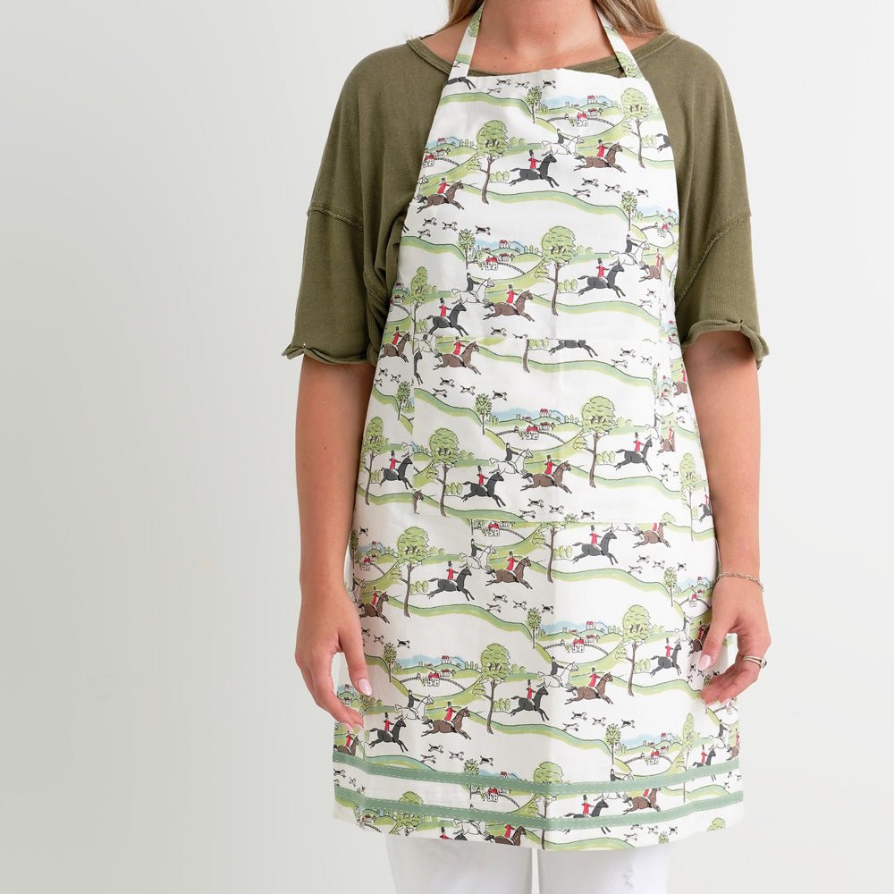 Apron with equestrian Hunt Scene print and green ribbon