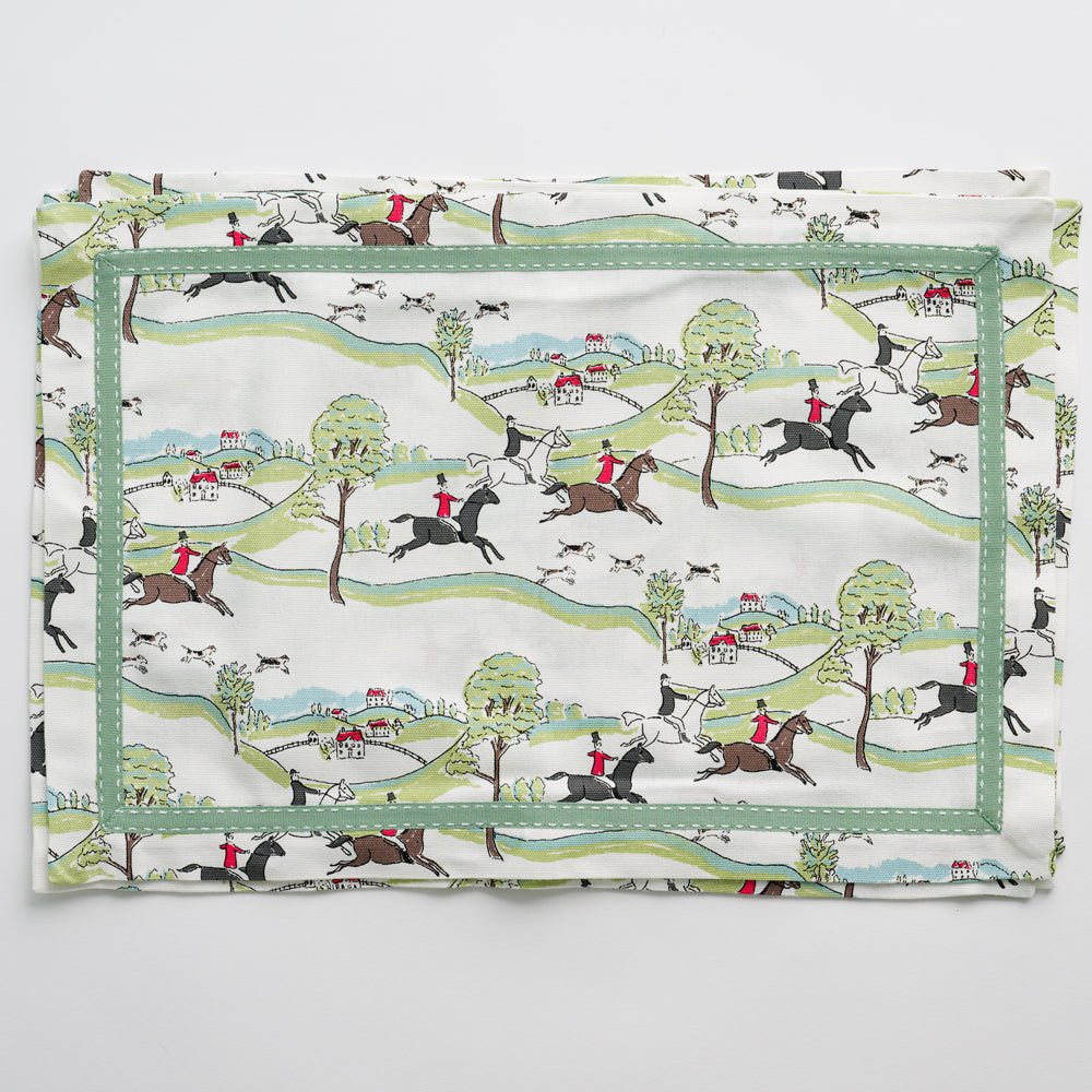 Placemats with equestrian Hunt Scene print and green ribbon