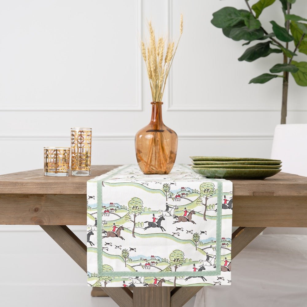 Table Runner with equestrian Hunt Scene print and green ribbon