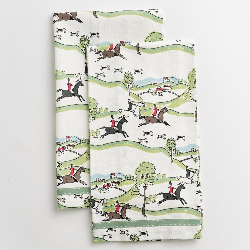 Tea Towels with equestrian Hunt Scene print and green ribbon