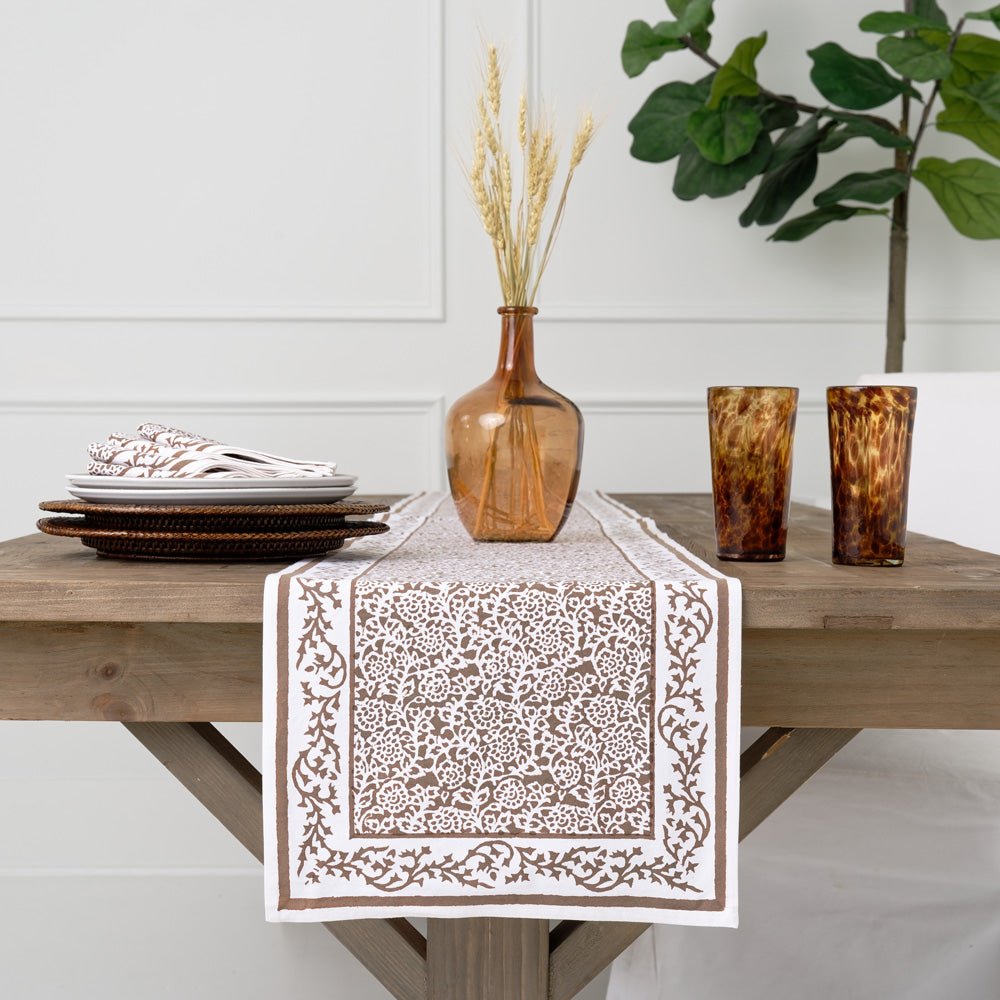 Tapestry dark chocolate brown and white table runner