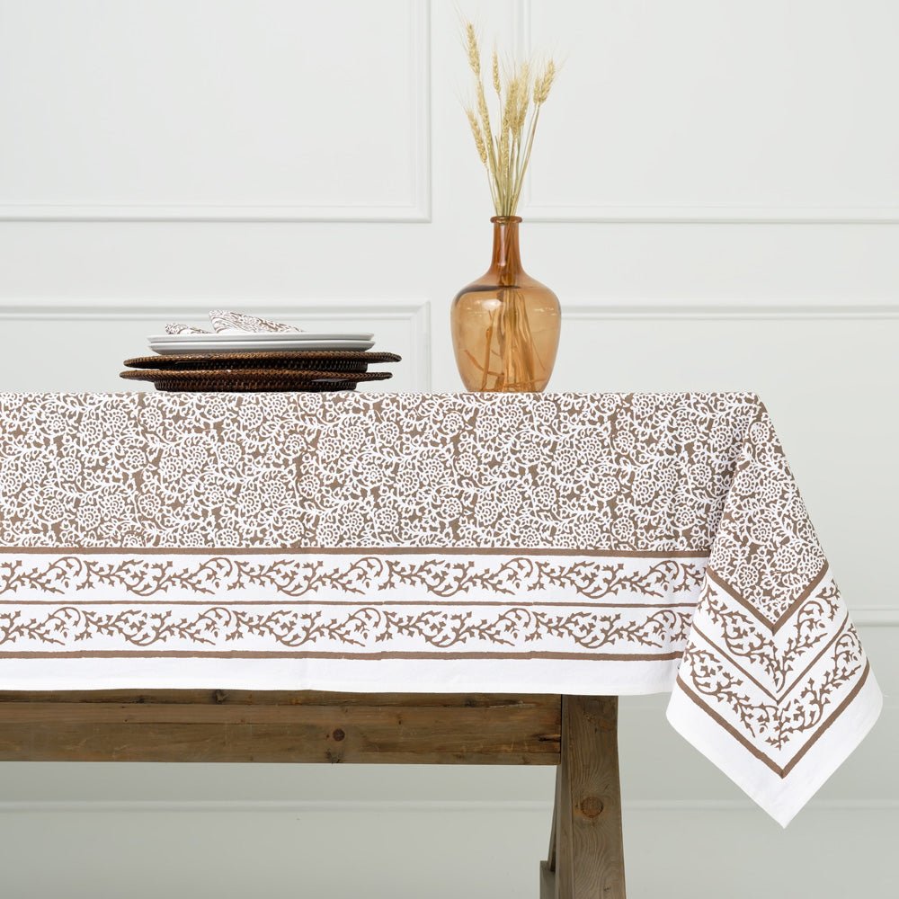 Tapestry dark chocolate brown and white tablecloth