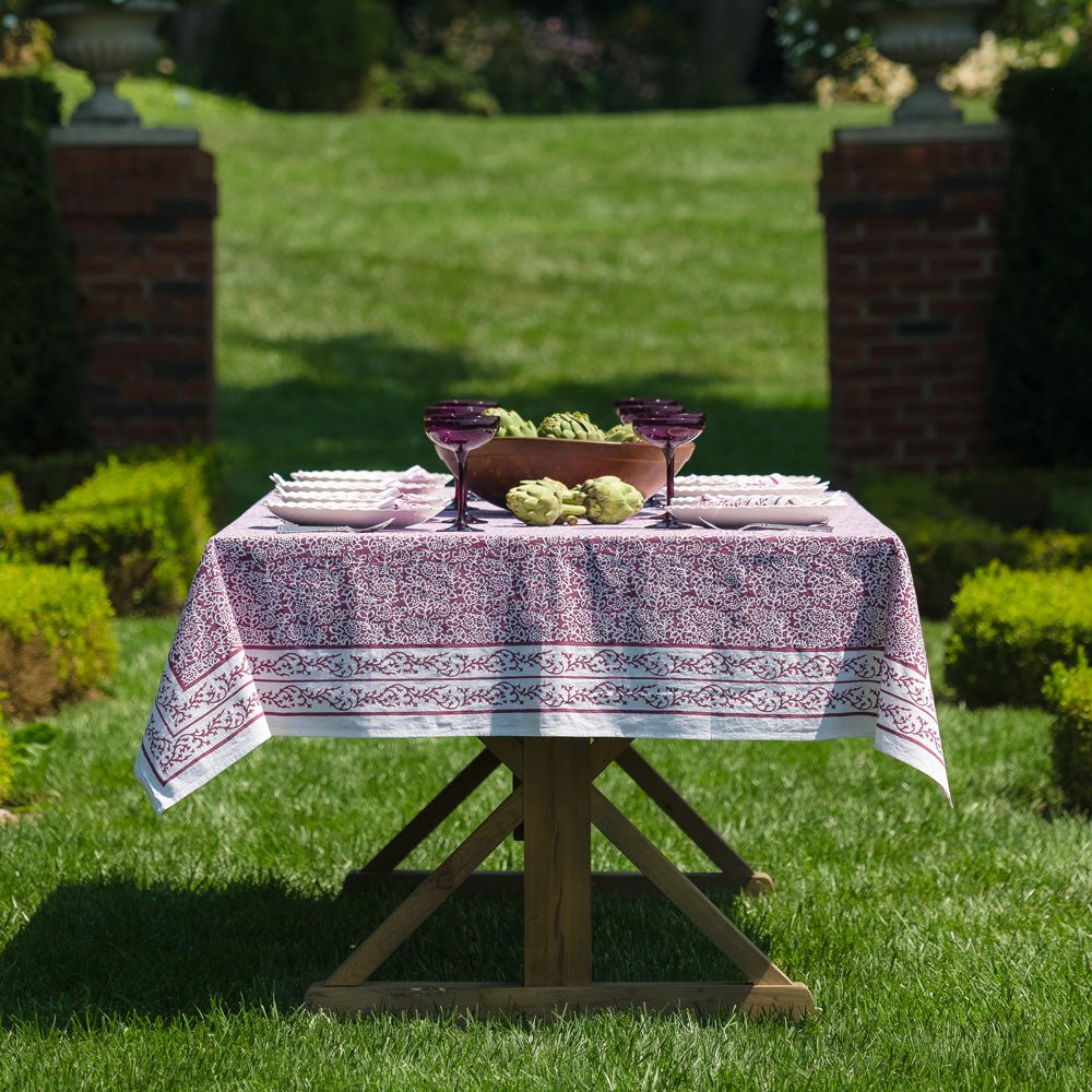 Tapestry eggplant purple & white tablecloth outdoors