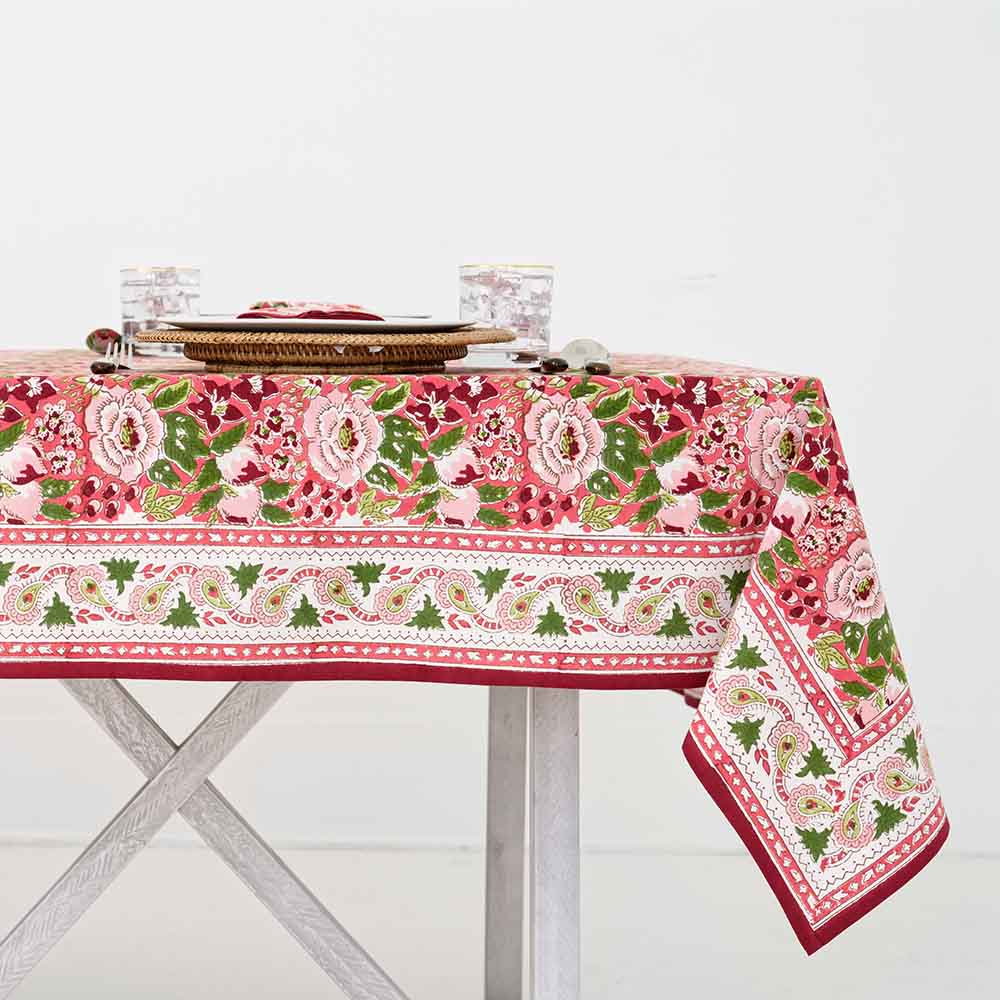 Side of tablecloth showing elaborate details of flowers, fruit, and leaves. 