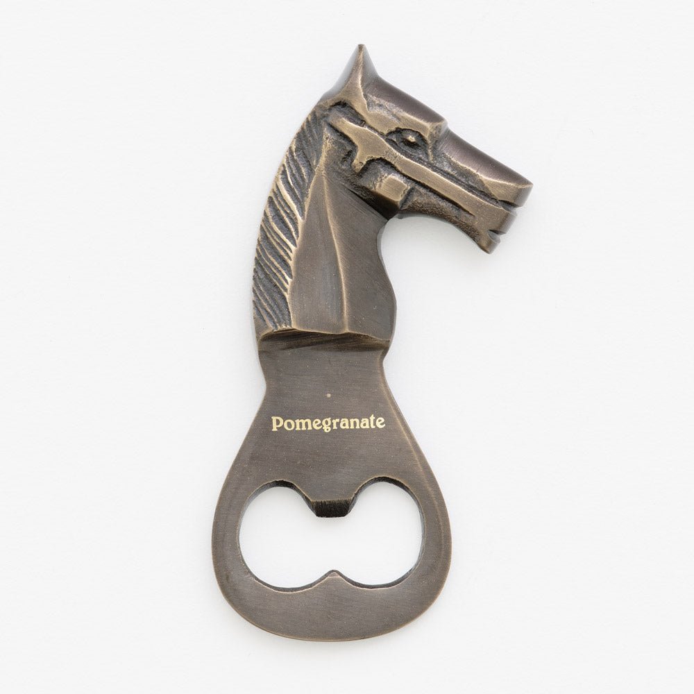 Bronze horse head bottle opener with gold text that reads &quot;Pomegranate&quot;