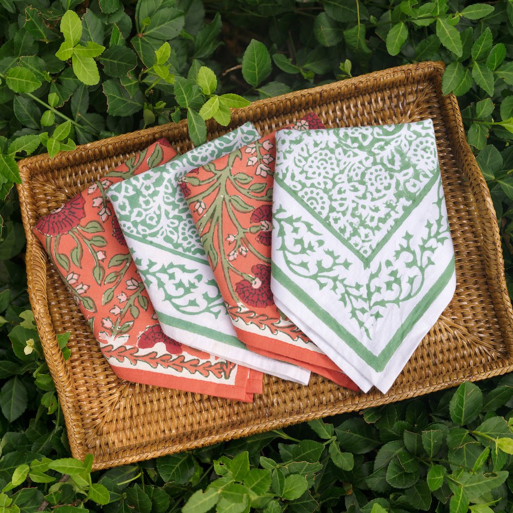 tapestry green and cactus flower red napkins
