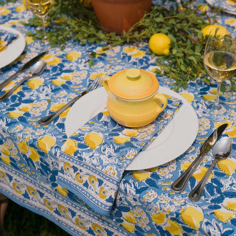 Popular Provencal lemon tablecloth - provençal cotton tablecoth - French cloth 225 x 150 cm - lemons and mimosa, yellow, blue