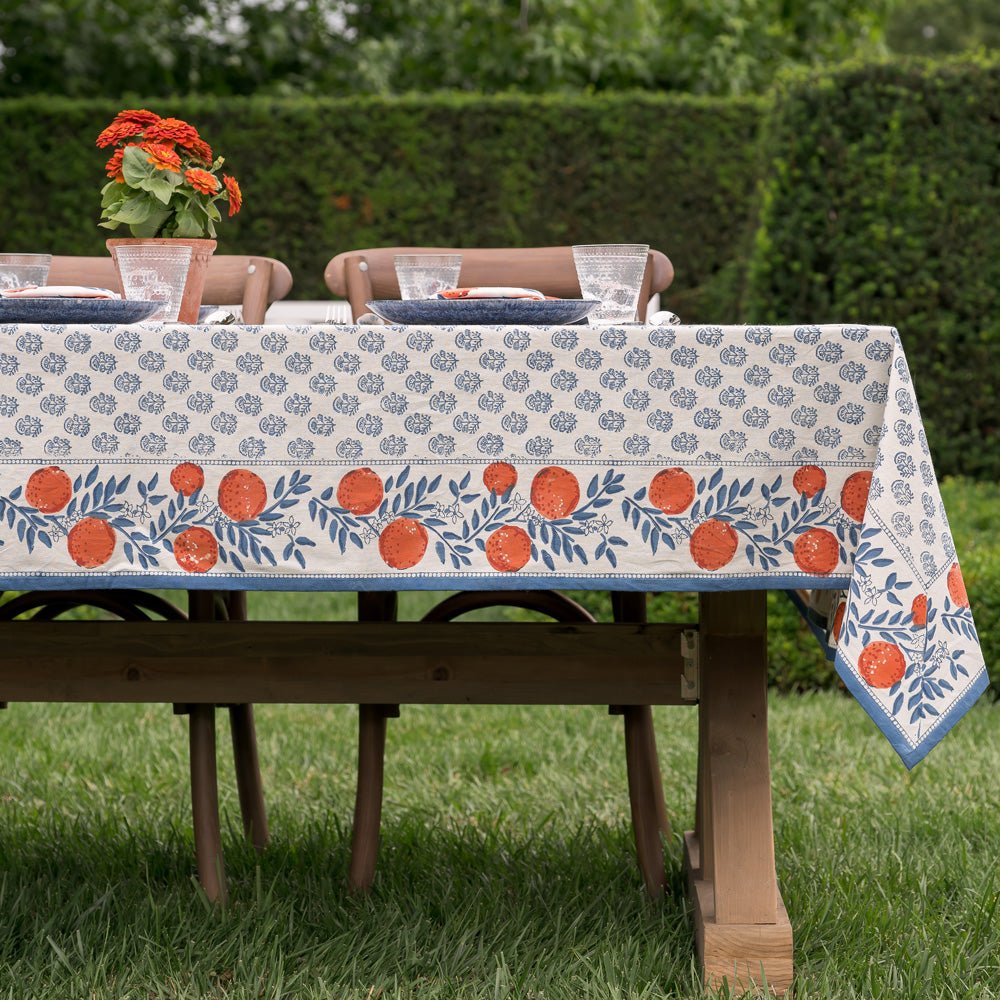 tablecloth outside printed with blue florals and oranges