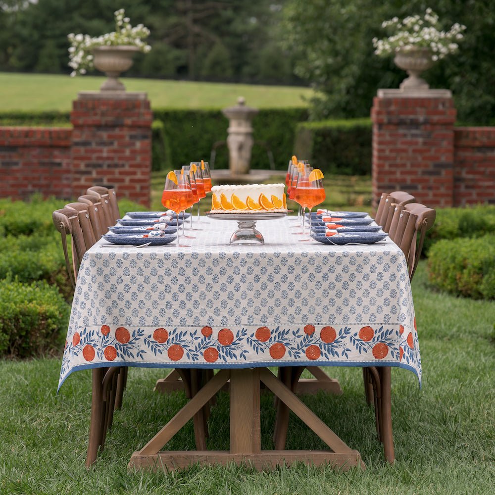 tablecloth outside printed with blue florals and oranges