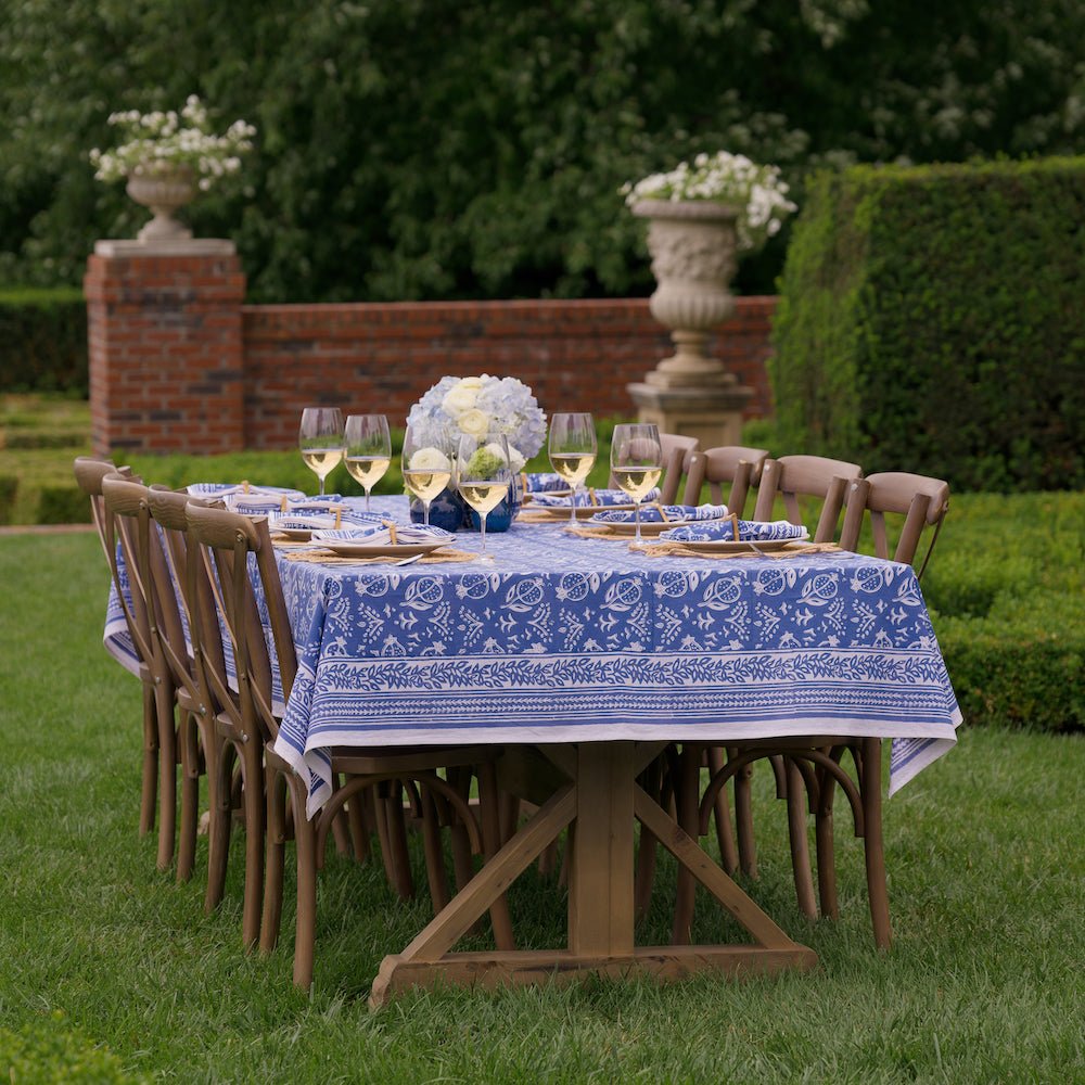 Pomegranate Blue Tablecloth with intricate detailing. 