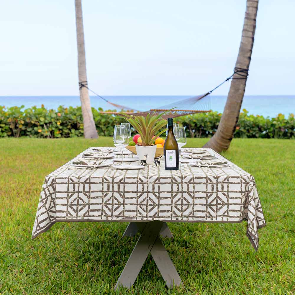 Brown Bamboo Tablecloth – Hand Block Printed Cotton – Pomegranate