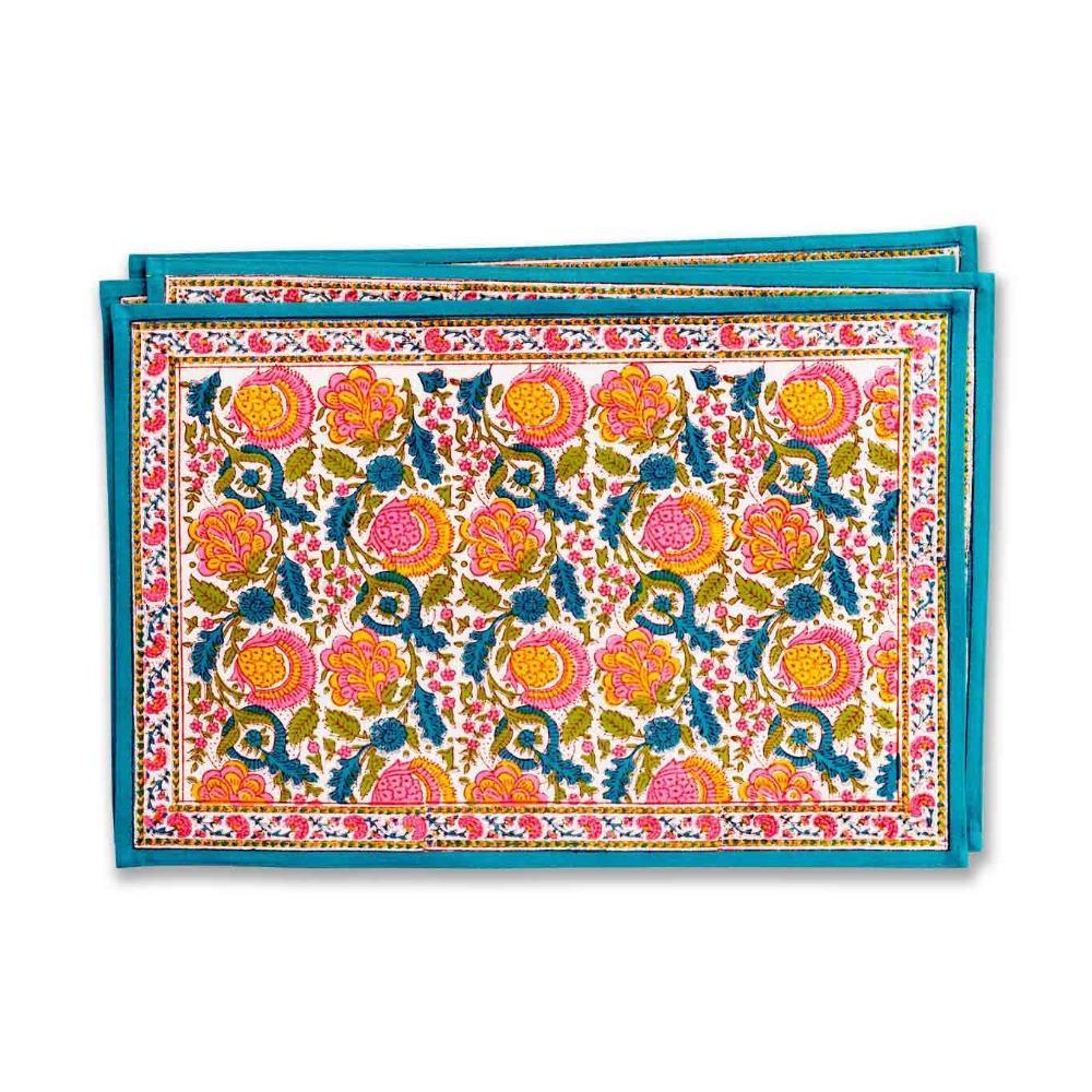 Jewel Blossom Placemats in pink, green, teal and yellow.