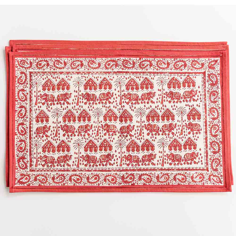 Placemat set of 4 with soft red hues and a unique repeat design. 