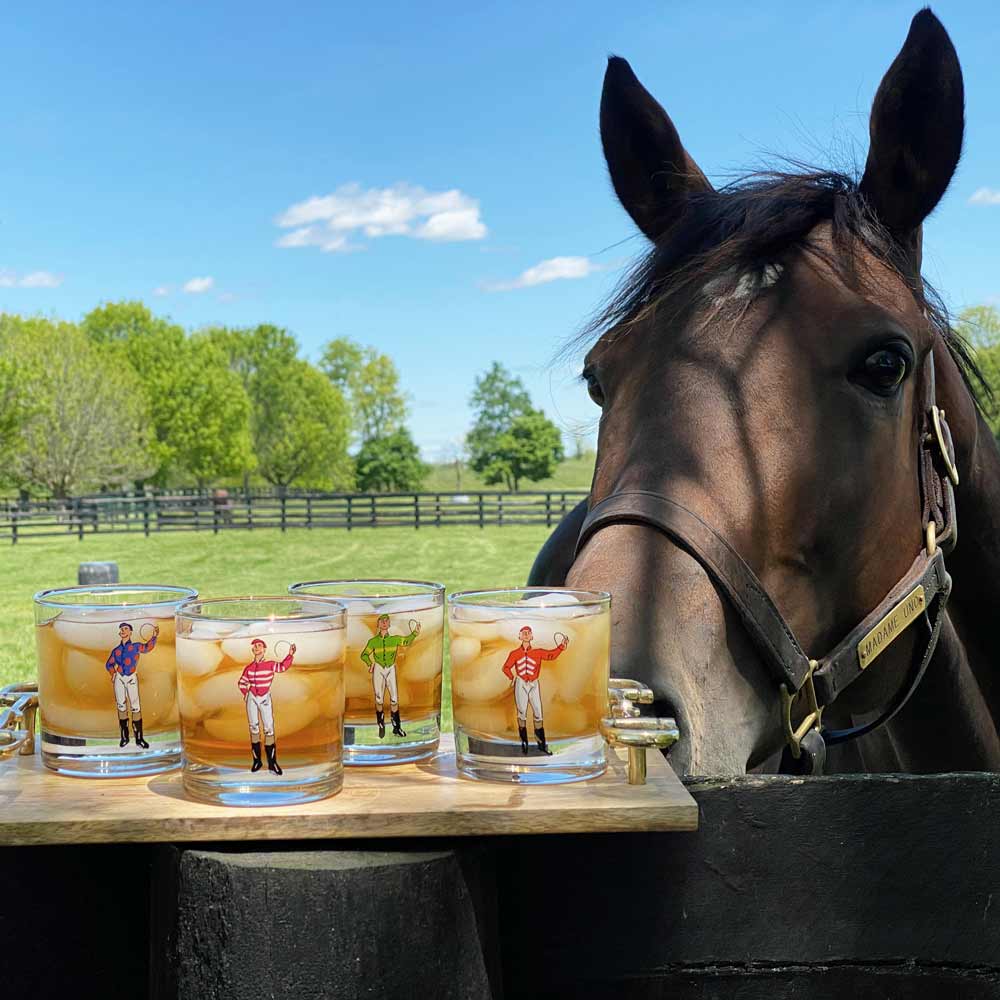 Jockey Silks Bourbon Glasses with horse in background