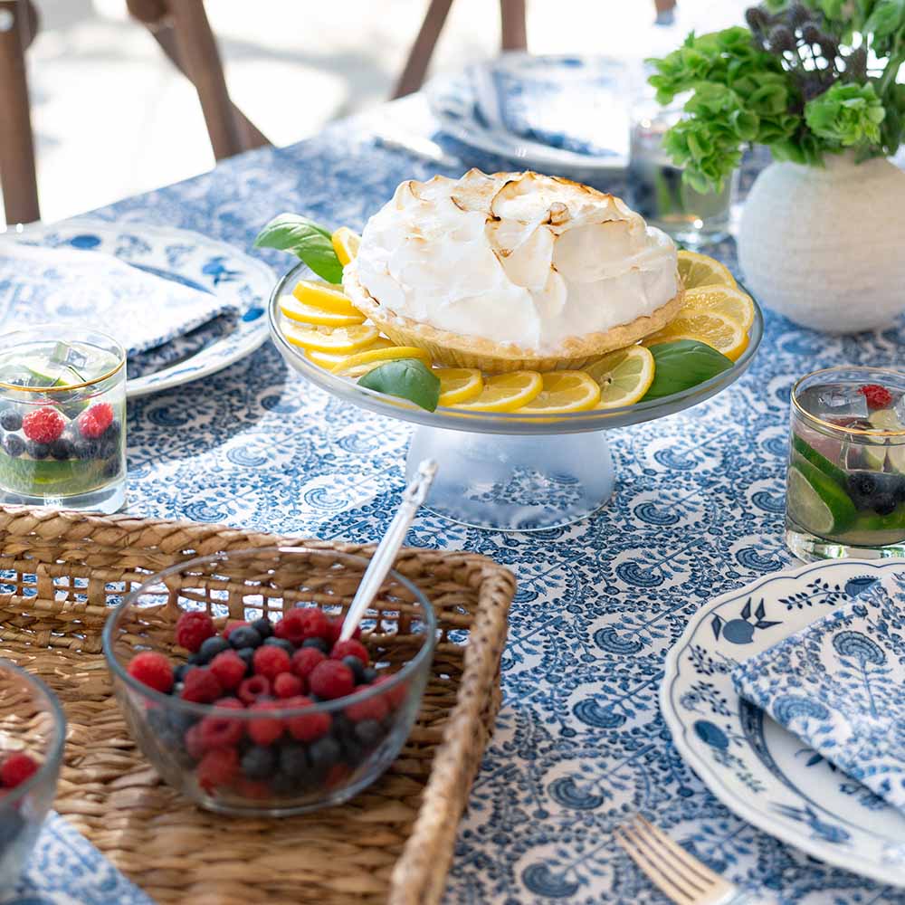 A summer spread of fruit on top of Caroline Blue Tablecloth. 