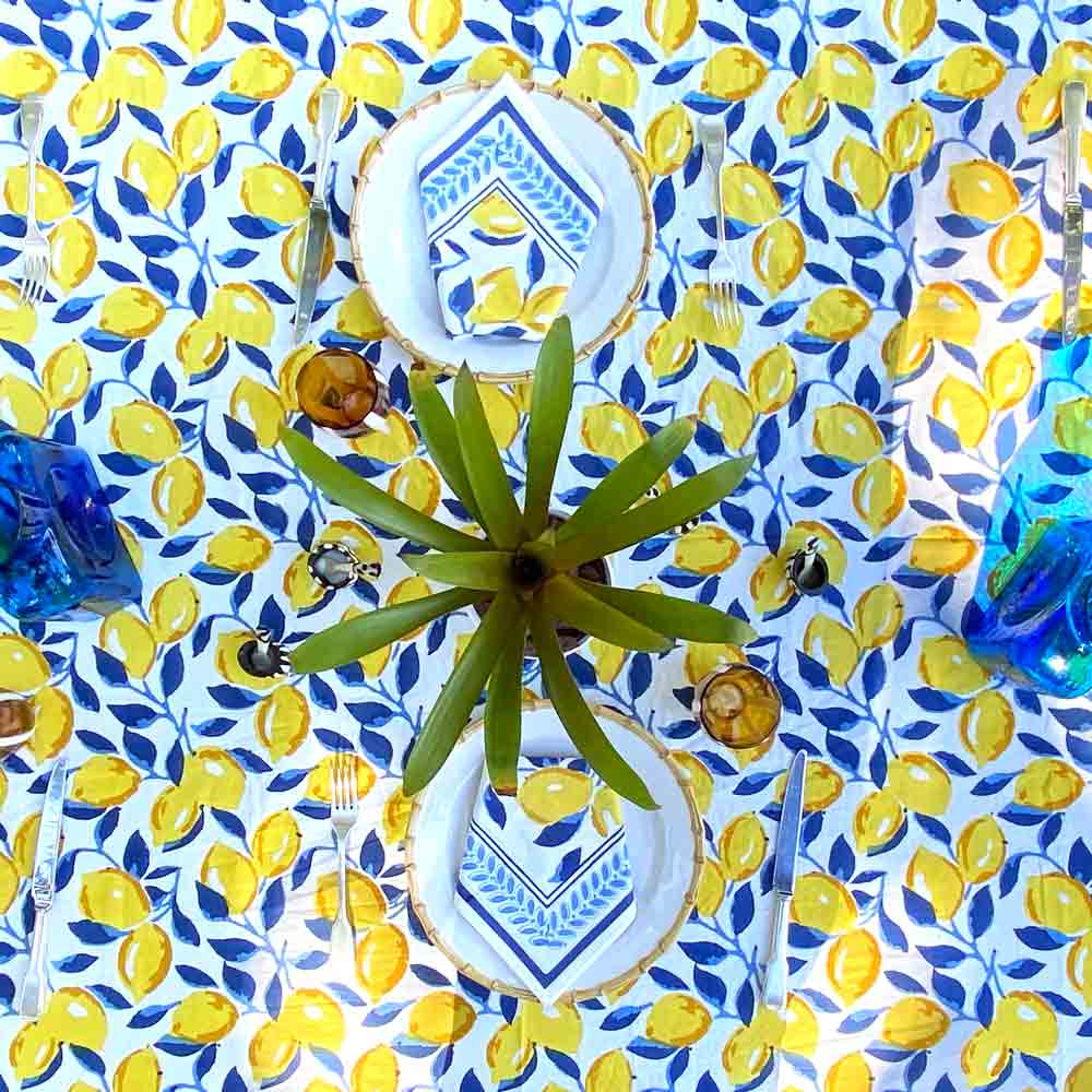 Navy Blue & Yellow Lemon Hand Block Printed Cotton Napkins
