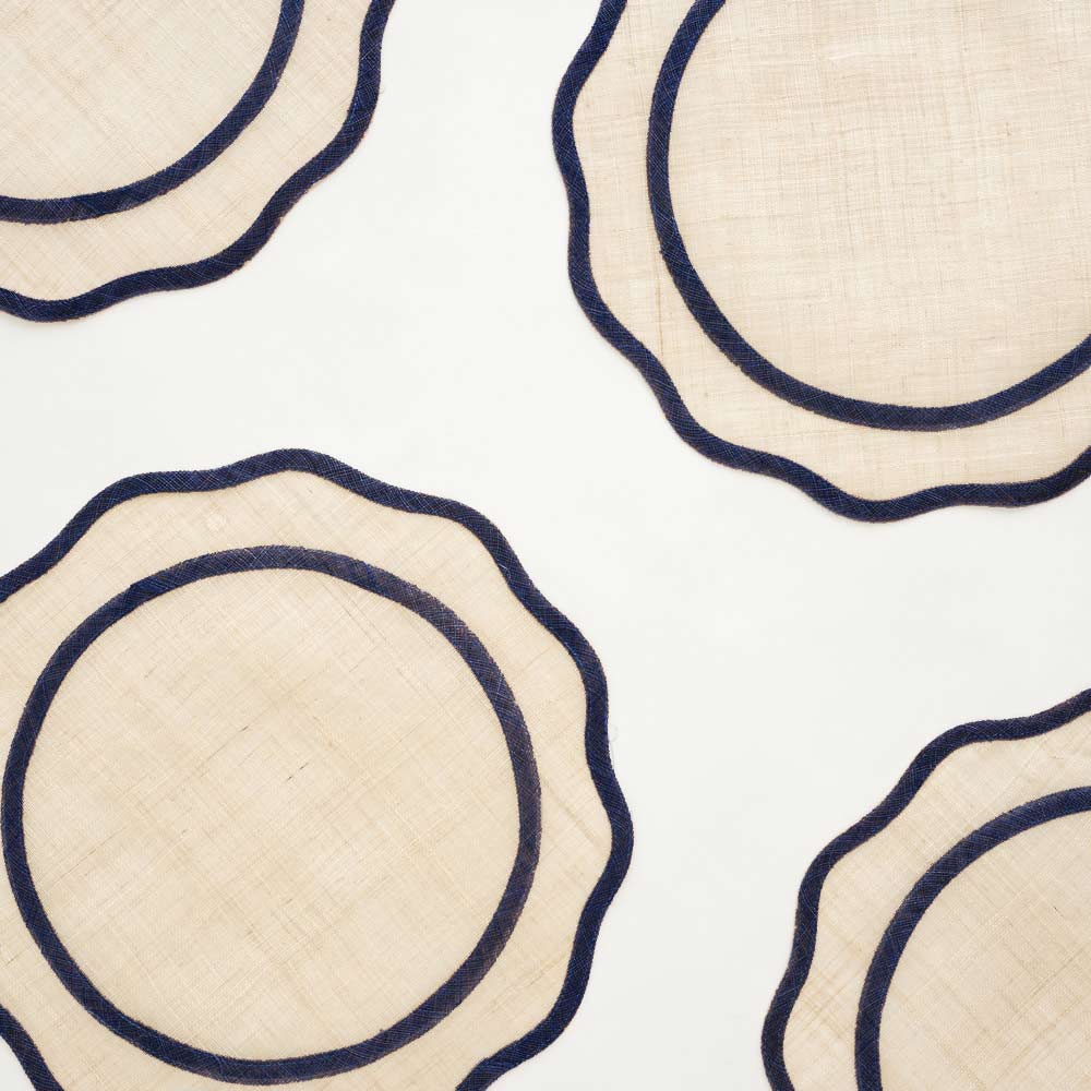 Navy Blue Scalloped Edge Natural Fiber Round Placemats Pomegranate Inc.
