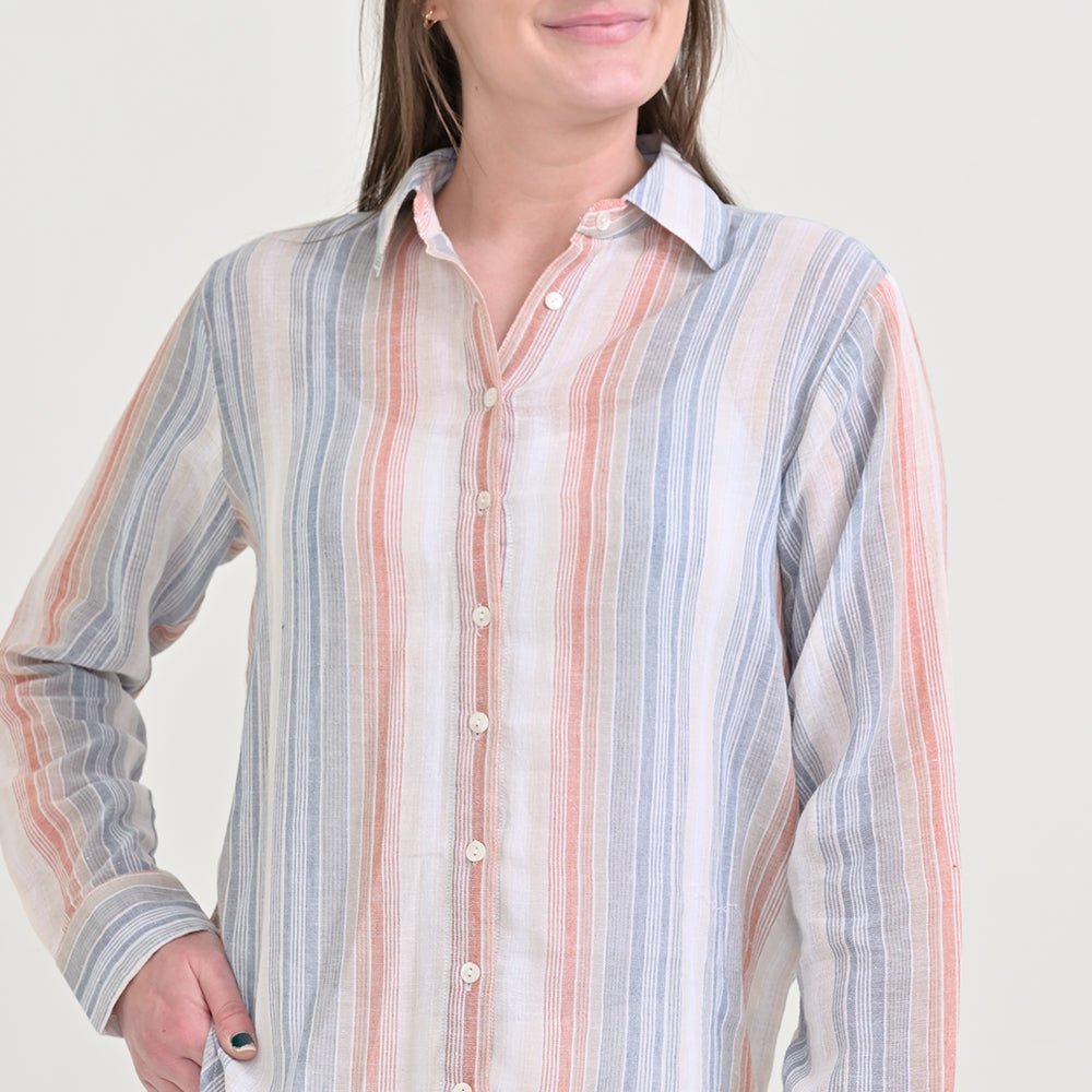 Slate &amp; Blush Stripe Linen Button Down Blouse