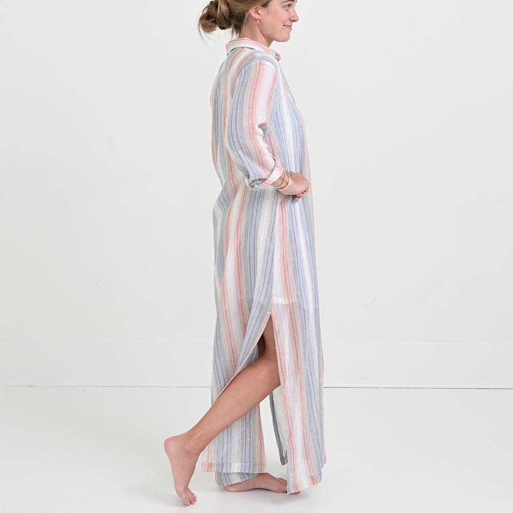 Slate &amp; Blush Stripe Linen Long Button Down Dress