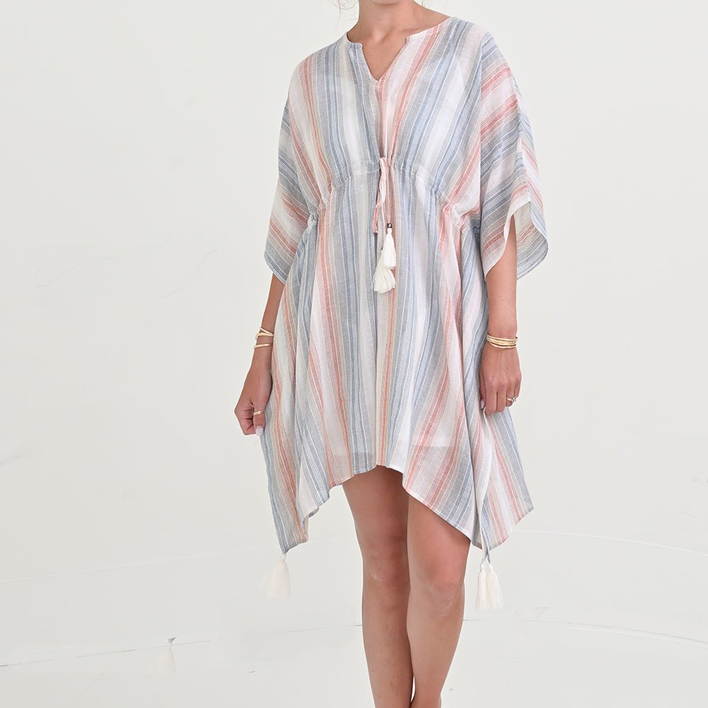 Slate &amp; Blush Stripe Linen Short Caftan Coverup